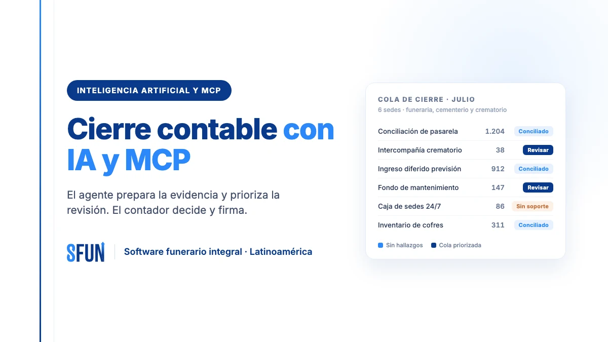 Cola de cierre contable de un grupo funerario multi-sede preparada con IA y MCP: conciliaciones, intercompañía y partidas a revisar